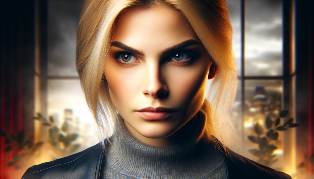 DALL·E 2023 11 04 17.11.37 Visual representation of a strong willed blonde woman, who resembles a key character from a popular television series. Emphasize her focused gaze and