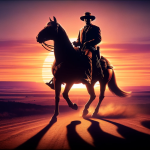 DALL·E 2023 11 05 05.05.10 Showcase the striking figure of Bass Reeves, the legendary lawman, riding confidently on horseback against a backdrop of a sunset lit Western landscap