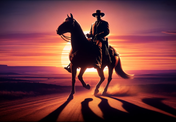 DALL·E 2023 11 05 05.05.10 Showcase the striking figure of Bass Reeves, the legendary lawman, riding confidently on horseback against a backdrop of a sunset lit Western landscap