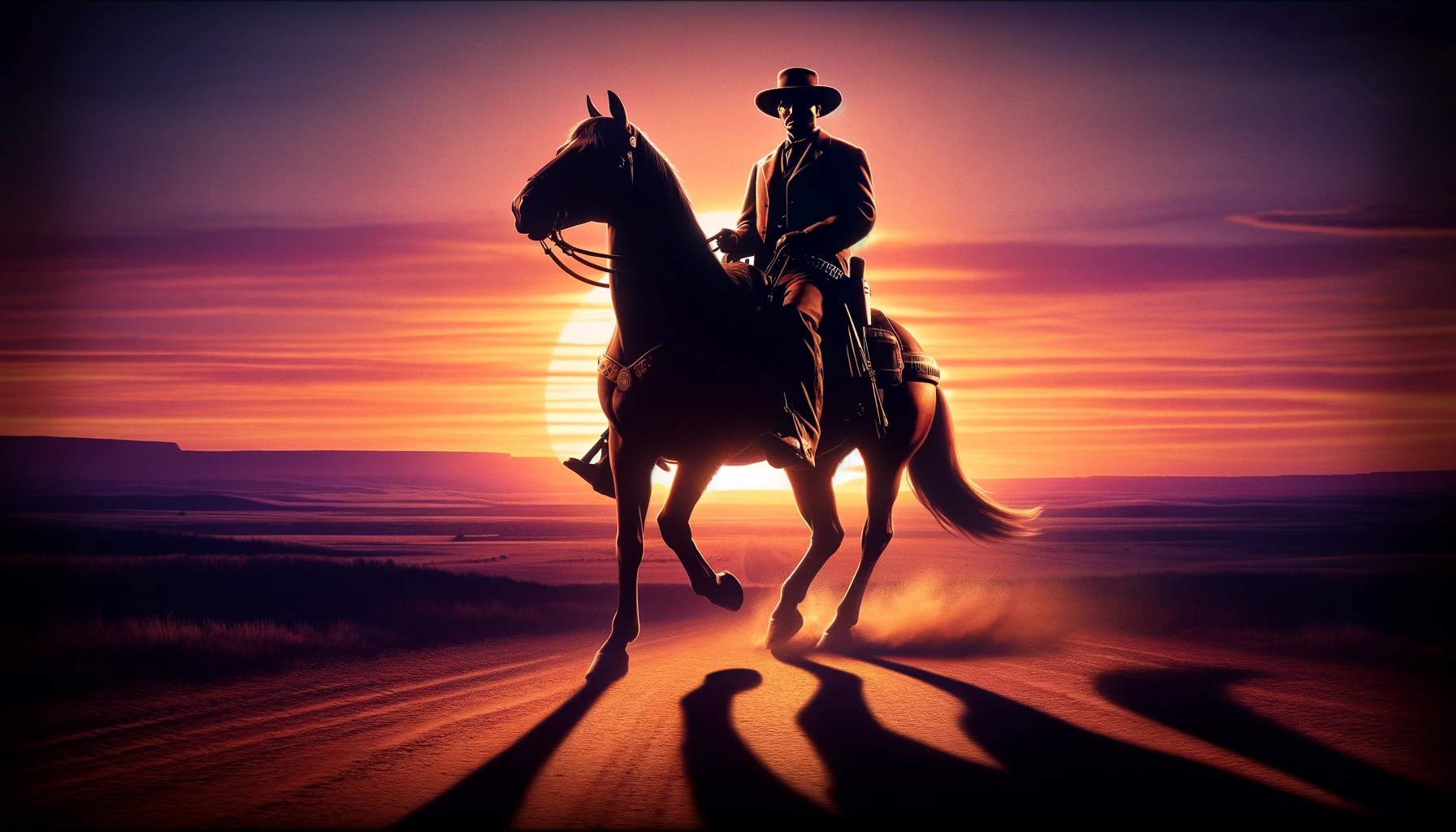 DALL·E 2023 11 05 05.05.10 Showcase the striking figure of Bass Reeves, the legendary lawman, riding confidently on horseback against a backdrop of a sunset lit Western landscap