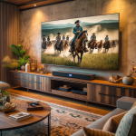DALL·E 2023 11 06 09.35.54 A photo of a cozy living room with a modern yet rustic decor that complements the cowboy theme. The central focus is a prominent smart TV displaying a