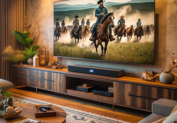 DALL·E 2023 11 06 09.35.54 A photo of a cozy living room with a modern yet rustic decor that complements the cowboy theme. The central focus is a prominent smart TV displaying a