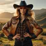 DALL·E 2023 11 08 14.01.36 A woman channeling the essence of 'Be Like Beth Dutton' stands with confidence in a picturesque western setting. She has long blonde hair flowing out