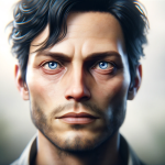 DALL·E 2023 11 09 11.02.28 Create a portrait of a man, reminiscent of a character like Jamie Dutton but with unique features. The image should focus on his intense blue eyes, fu