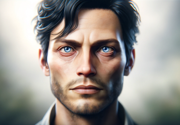 DALL·E 2023 11 09 11.02.28 Create a portrait of a man, reminiscent of a character like Jamie Dutton but with unique features. The image should focus on his intense blue eyes, fu