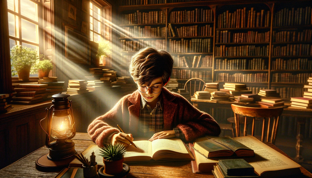 DALL·E 2023 11 09 11.06.09 Create an image that represents the essence of a young boy's early life and education, inspired by a character like Wes Bentley. Visualize a young boy