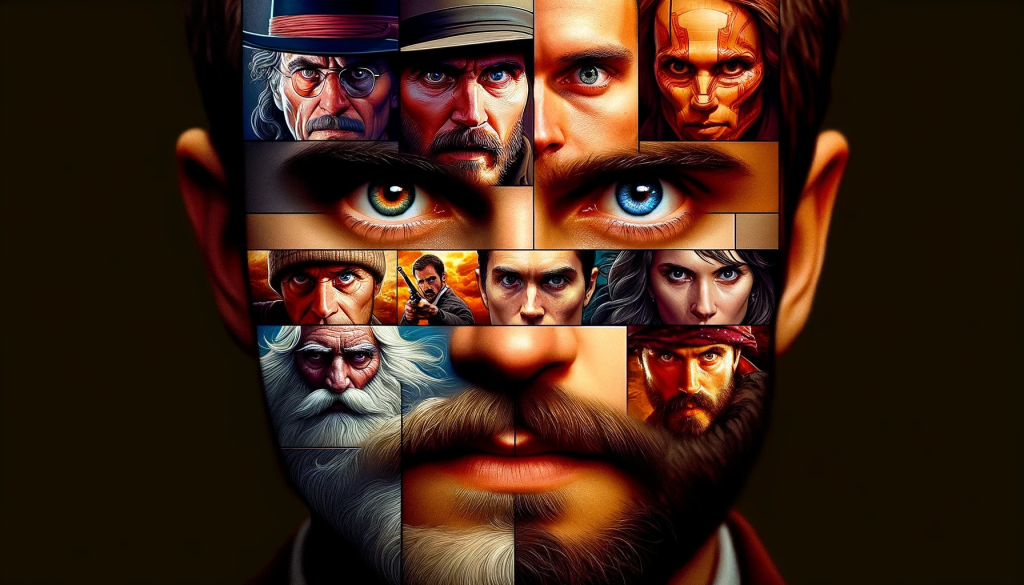 DALL·E 2023 11 09 11.08.00 Create an image that represents a cinematic collage, capturing the essence of a diverse acting career similar to Wes Bentley's. Showcase intense eyes