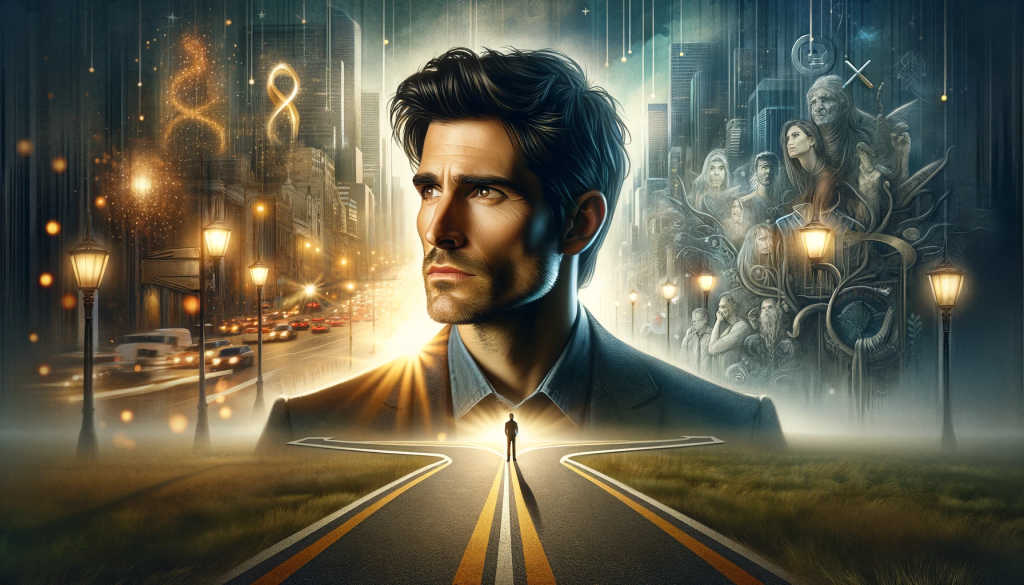 DALL·E 2023 11 09 11.14.07 A conceptual art piece reflecting a pensive man resembling Wes Bentley, with a backdrop of a bustling city. The image features a split path signifying