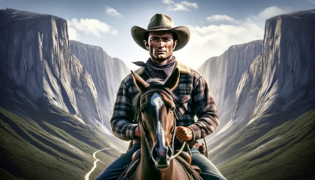 DALL·E 2023 11 10 15.49.06 A rugged, determined cowboy, reminiscent of Jimmy from a famous TV series, on horseback, facing a steep mountain trail. The cowboy, in his late 20s, h