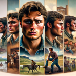 DALL·E 2023 11 10 15.51.00 A young man with rugged features, symbolizing a character reminiscent of Jimmy from Yellowstone, shown in a montage of scenes. Starting from left, dep