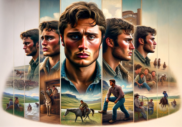 DALL·E 2023 11 10 15.51.00 A young man with rugged features, symbolizing a character reminiscent of Jimmy from Yellowstone, shown in a montage of scenes. Starting from left, dep