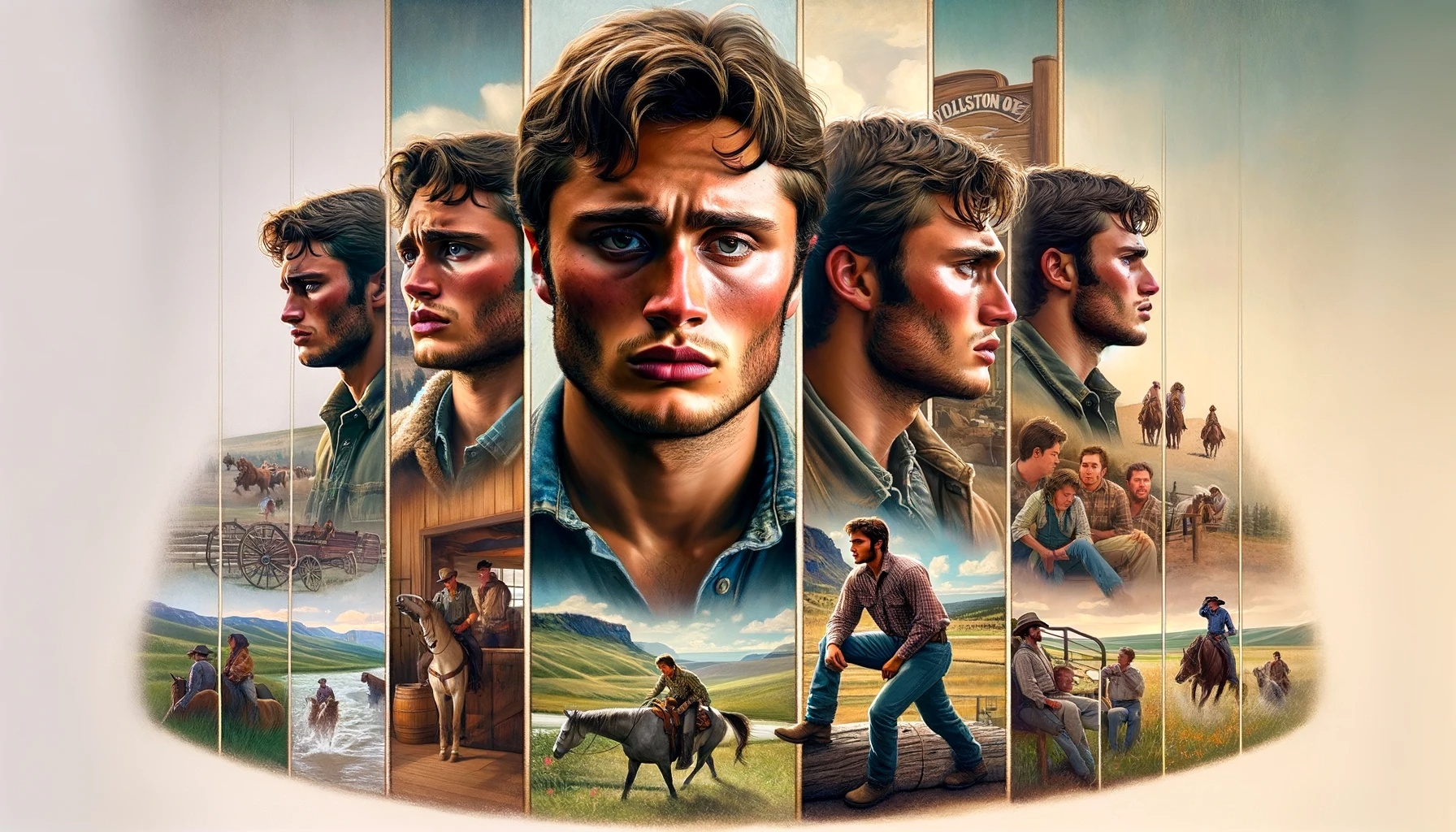 DALL·E 2023 11 10 15.51.00 A young man with rugged features, symbolizing a character reminiscent of Jimmy from Yellowstone, shown in a montage of scenes. Starting from left, dep