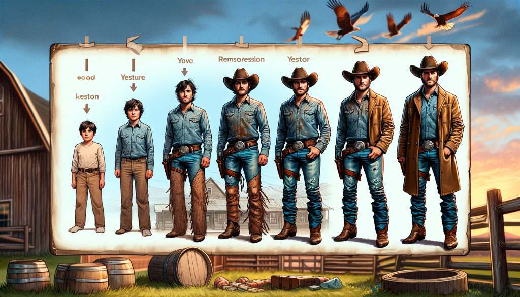 DALL·E 2023 11 10 15.54.06 An image showcasing the evolution of a character resembling Jimmy from Yellowstone, capturing his journey from a naive and uncertain cowboy to a matur