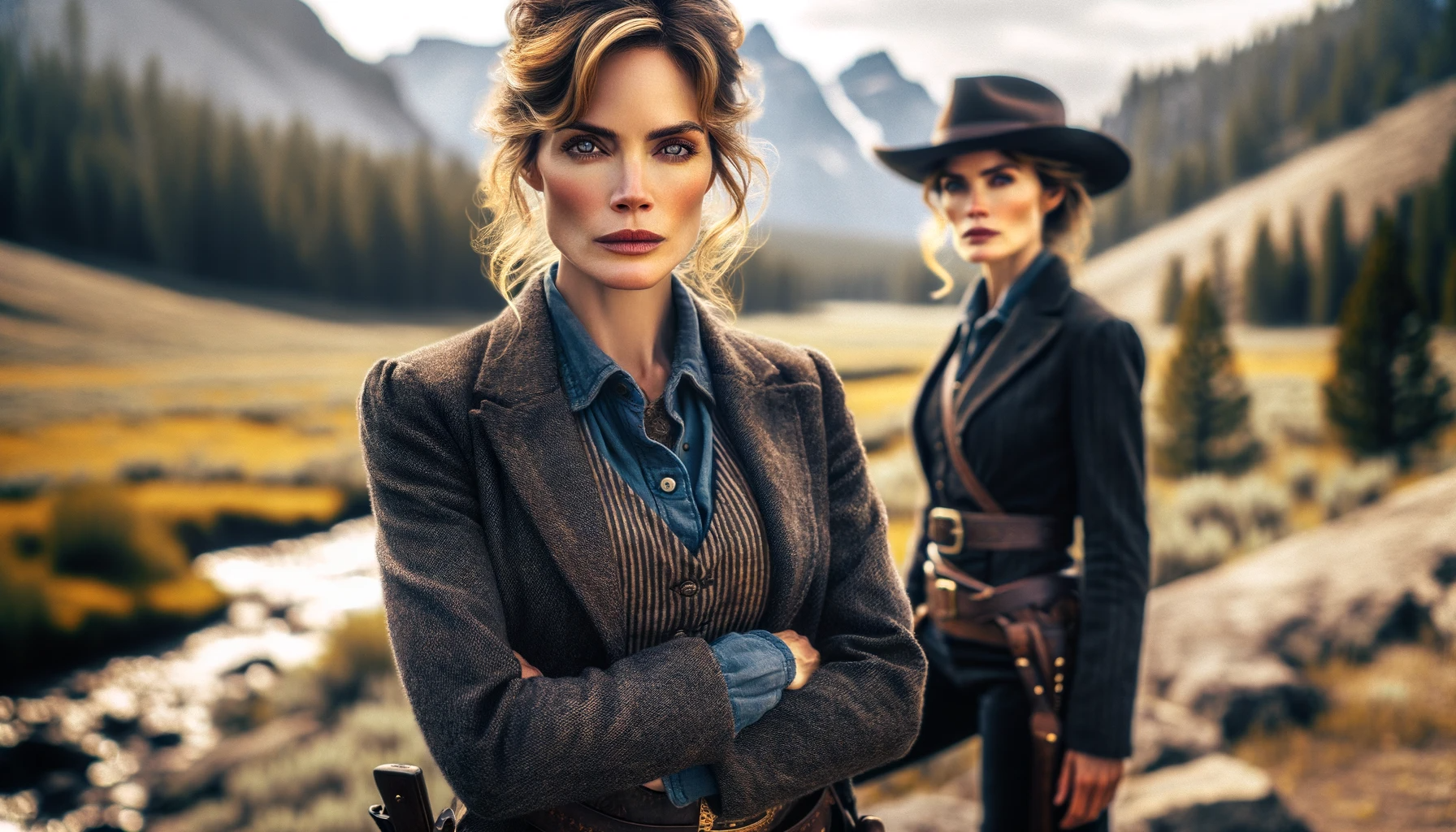 DALL·E 2023 11 11 08.27.38 Image of a woman resembling Kelly Reilly, portraying a character like Beth Dutton from Yellowstone. Features include intense eyes, confident posture,