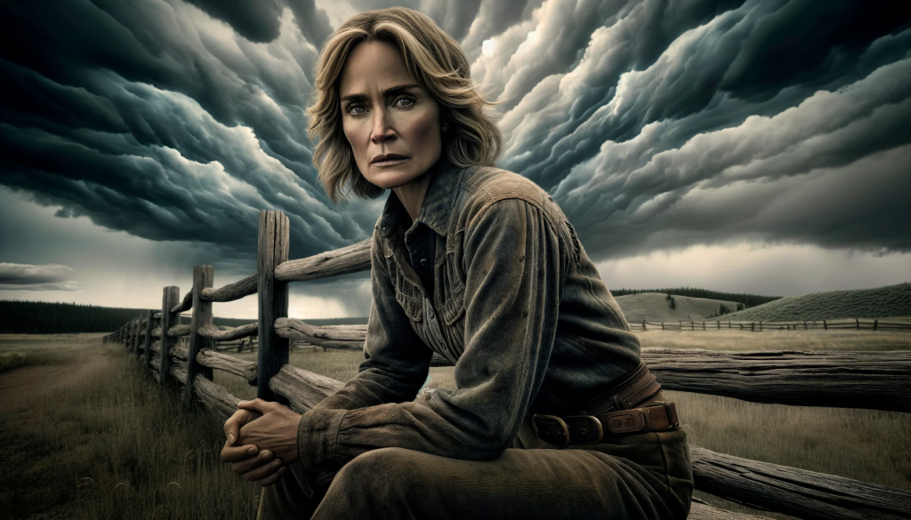 DALL·E 2023 11 11 08.54.13 A woman with a strong resemblance to Beth Dutton from Yellowstone, seated on a rustic wooden fence. She has an intense, contemplative expression, and