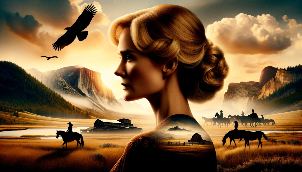 DALL·E 2023 11 11 08.55.48 An actress with medium blond hair resembling Kelly Reilly as Beth Dutton, silhouetted against a dramatic landscape reminiscent of Yellowstone. The bac