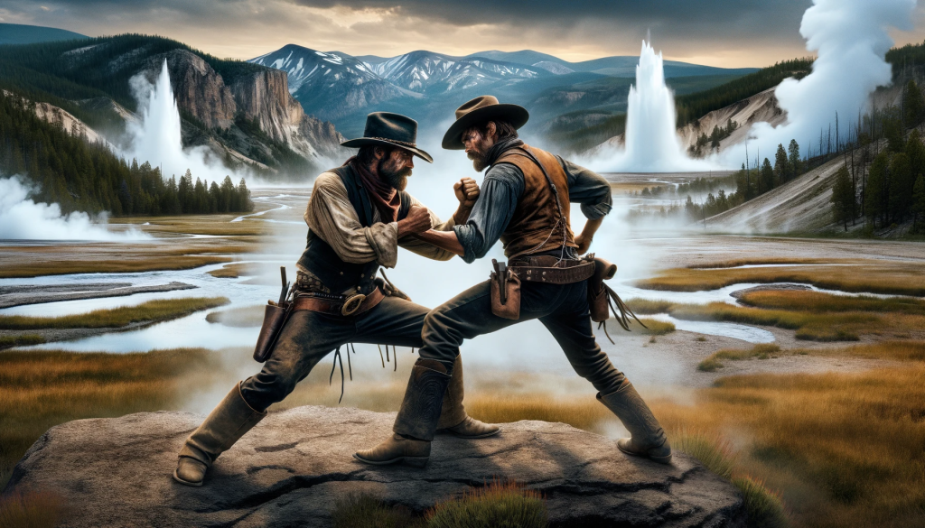 DALL·E 2023 11 13 10.06.02 Two cowboys resembling characters from the TV show 'Yellowstone' engaged in a fierce fight, set against the dramatic and rugged landscape of Yellowsto