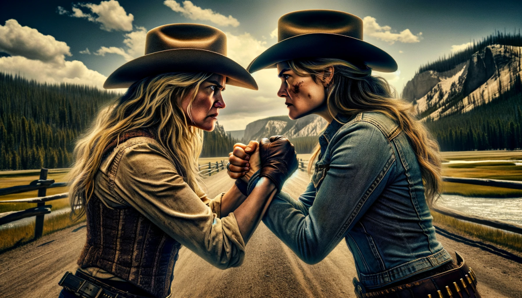DALL·E 2023 11 13 10.09.57 A dramatic photo capturing a fierce standoff between two cowgirls, reminiscent of Beth and Summer from the TV show 'Yellowstone'. The scene vividly po