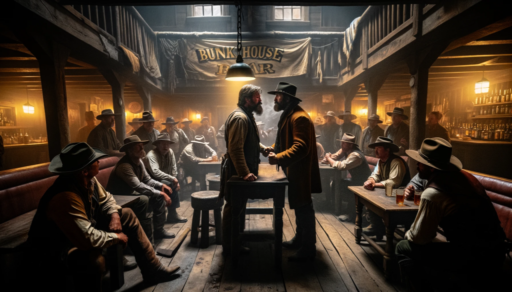 DALL·E 2023 11 13 10.13.35 An image capturing a tense face off between two grizzled men in the dimly lit Bunkhouse Bar, reminiscent of the intense confrontations of Rip from the