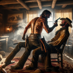 DALL·E 2023 11 13 10.15.18 An image portraying an intense and violent confrontation between two cowboys in Yellowstone, highlighting the significance of Rip's branding and the b