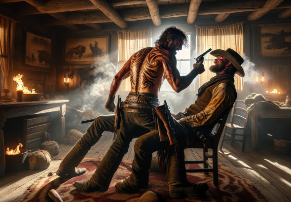 DALL·E 2023 11 13 10.15.18 An image portraying an intense and violent confrontation between two cowboys in Yellowstone, highlighting the significance of Rip's branding and the b