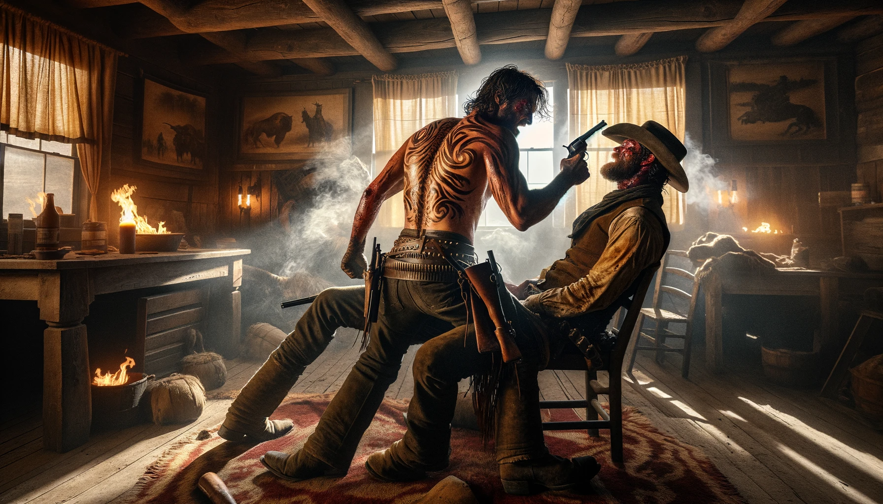 DALL·E 2023 11 13 10.15.18 An image portraying an intense and violent confrontation between two cowboys in Yellowstone, highlighting the significance of Rip's branding and the b