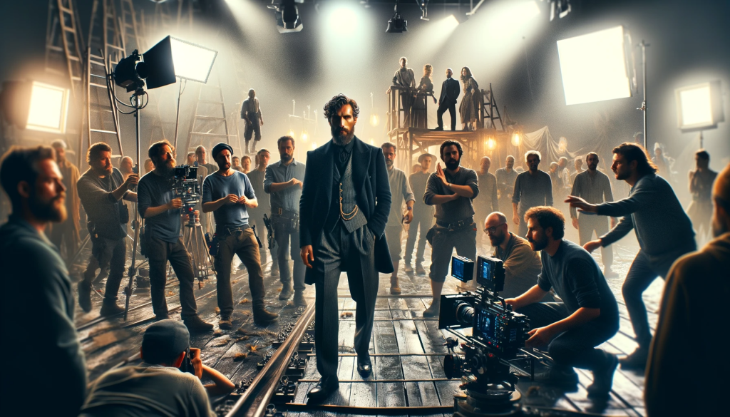 DALL·E 2023 11 15 15.35.24 An image of a dynamic movie set scene featuring a director and an actor, both with a distinct style and presence. The director is surrounded by a dive