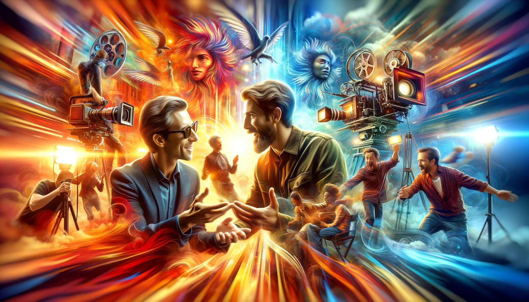 DALL·E 2023 11 15 15.38.07 An image capturing the excitement of collaboration between a director and a male actor. The scene is vibrant and dynamic, filled with colors that enha