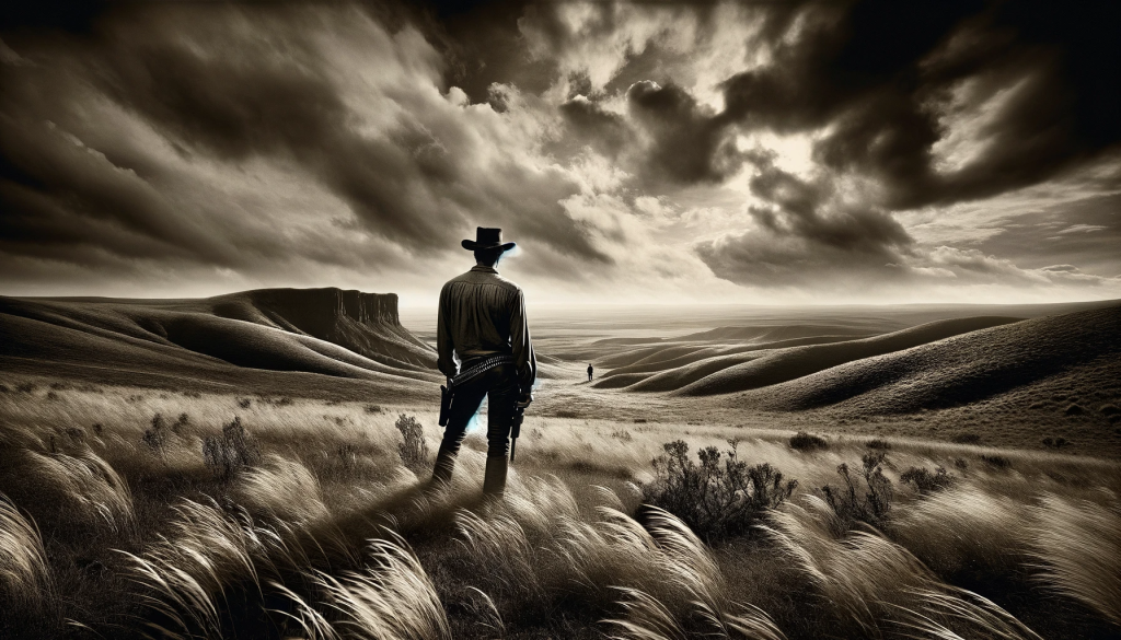 DALL·E 2023 11 15 15.40.31 An image of a rugged, windswept landscape, with a lone figure in the distance. The figure, suggestive of a male cowboy actor, stands as a symbol of mi