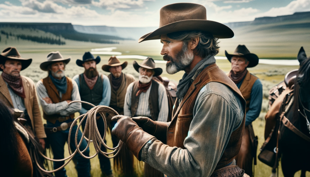 DALL·E 2023 11 16 10.50.07 A middle aged man with a rugged appearance wearing a weathered cowboy hat and traditional cowboy attire stands next to a group of cowboys in a sceni