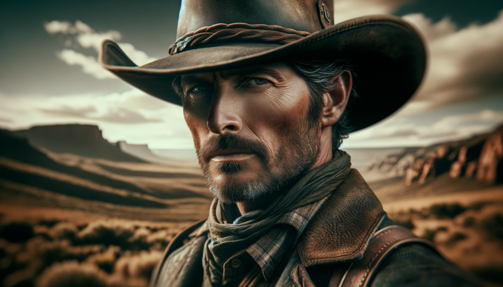 DALL·E 2023 11 16 10.53.31 A close up of a rugged cowboy resembling Ryan Bingham in full cowboy attire. He has a steely gaze and wears a worn leather hat. The focus is also on
