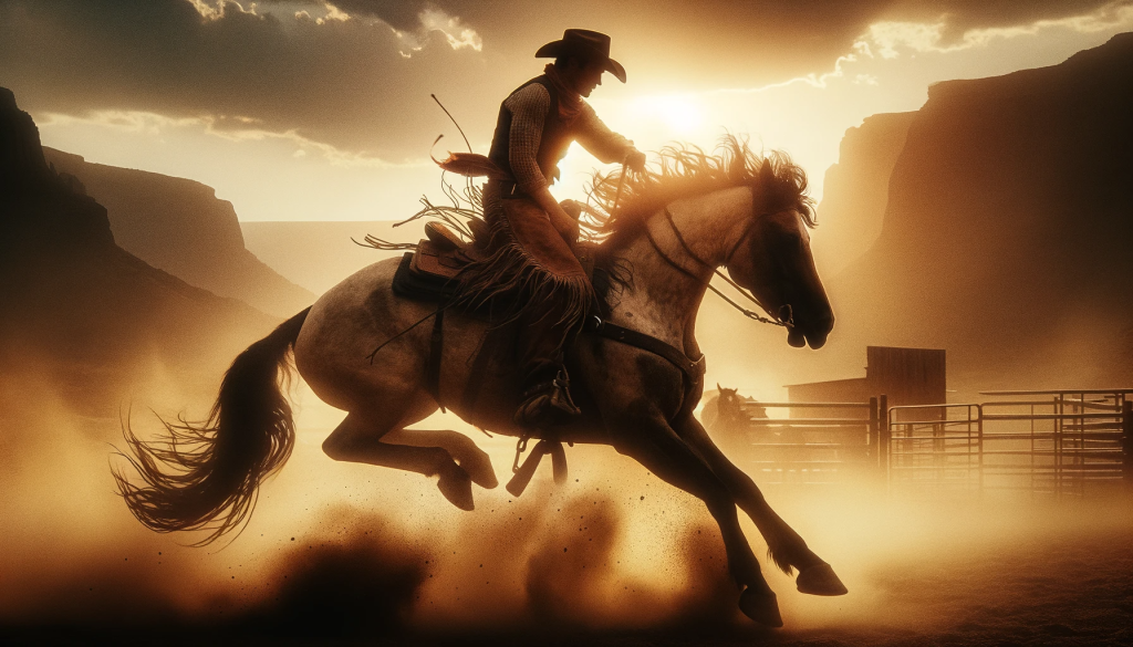DALL·E 2023 11 16 10.56.12 A close up shot of a cowboy resembling Ethan Lee performing a daring trick on horseback. The scene is dynamic and full of action with dust flying a