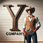 DALL·E 2023 11 17 10.35.34 A cowboy in appropriate western wear standing confidently in front of a large 'Y' company logo. The cowboy is dressed in a classic western outfit, com