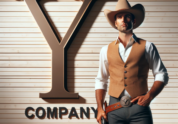 DALL·E 2023 11 17 10.35.34 A cowboy in appropriate western wear standing confidently in front of a large 'Y' company logo. The cowboy is dressed in a classic western outfit, com