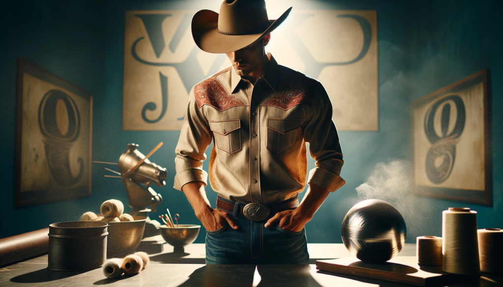 DALL·E 2023 11 17 10.37.26 A cowboy wearing a western shirt adorned with the Y brand logo standing confidently with a clear sense of purpose. The person exudes an aura of det
