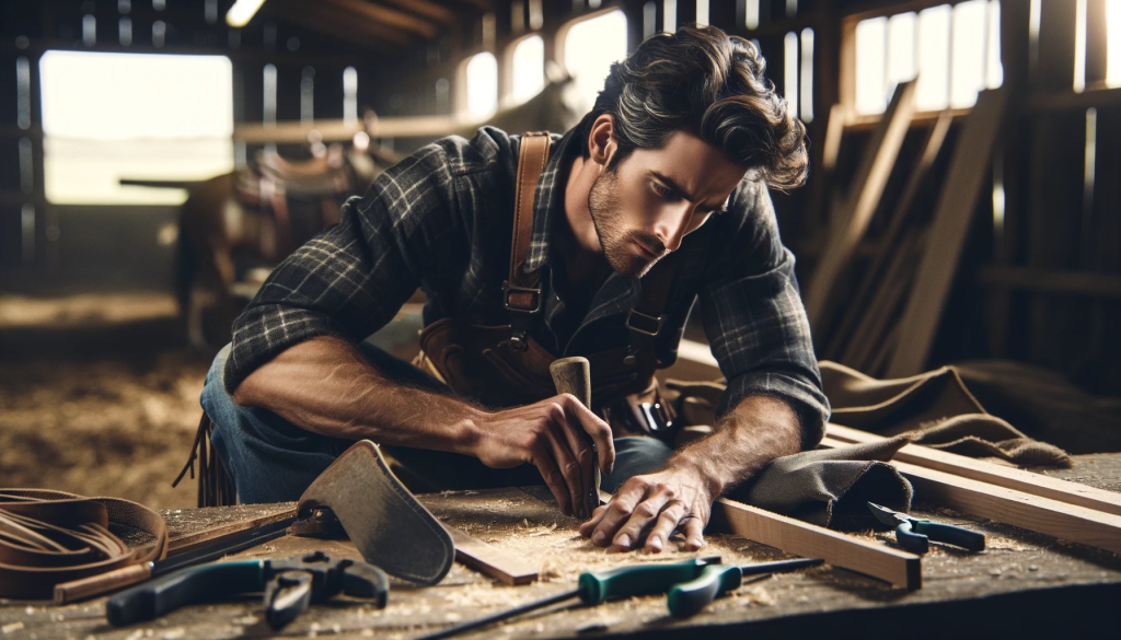 DALL·E 2023 11 17 10.38.53 A cowboy diligently laboring over a ranch project with a focused and determined expression. The cowboy is actively engaged in a task that reflects ha