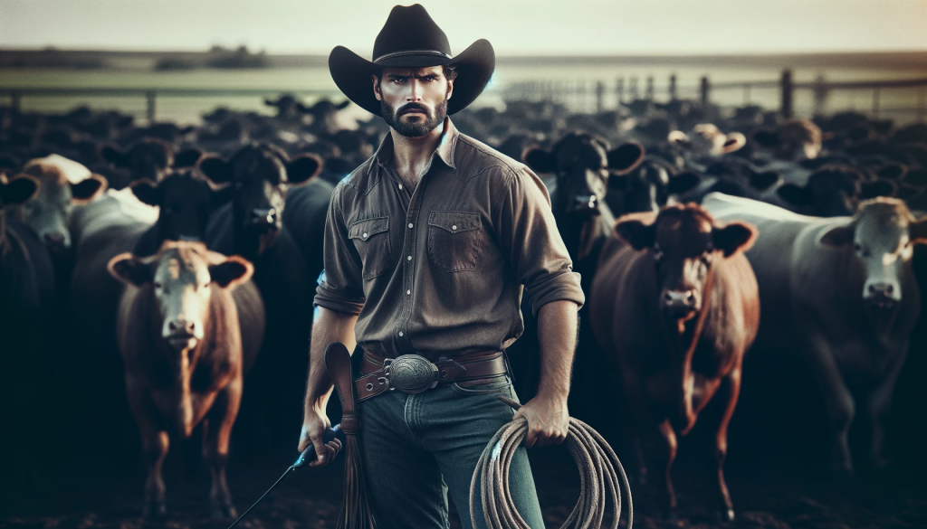 DALL·E 2023 11 17 10.40.20 A cowboy standing in front of a herd of cattle with a stern expression on his face and a lasso in hand. The cattle appear uneasy and scattered conve