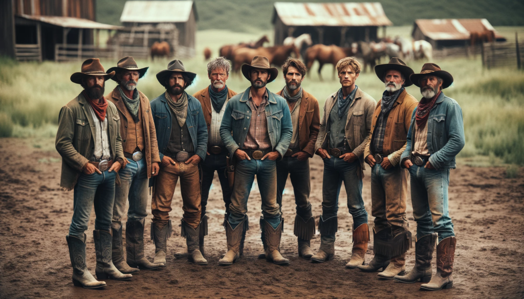 DALL·E 2023 11 17 10.41.43 A group of rugged cowboys standing in a circle with weathered faces and worn boots embodying the bonds of camaraderie and respect. The image should 1 1