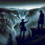 DALL·E 2023 11 17 17.35.12 In Yellowstone National Park, create a darker dusk scene with the sun nearly set in the west. Two cowboys in Western attire are on a cliff. One cowboy