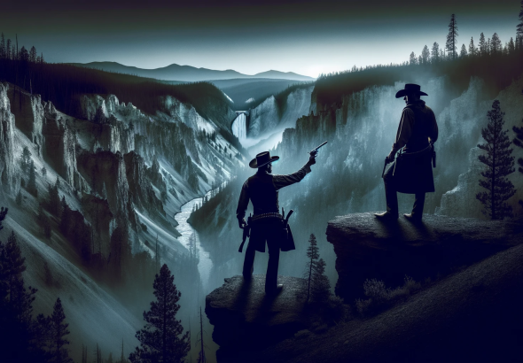 DALL·E 2023 11 17 17.35.12 In Yellowstone National Park, create a darker dusk scene with the sun nearly set in the west. Two cowboys in Western attire are on a cliff. One cowboy