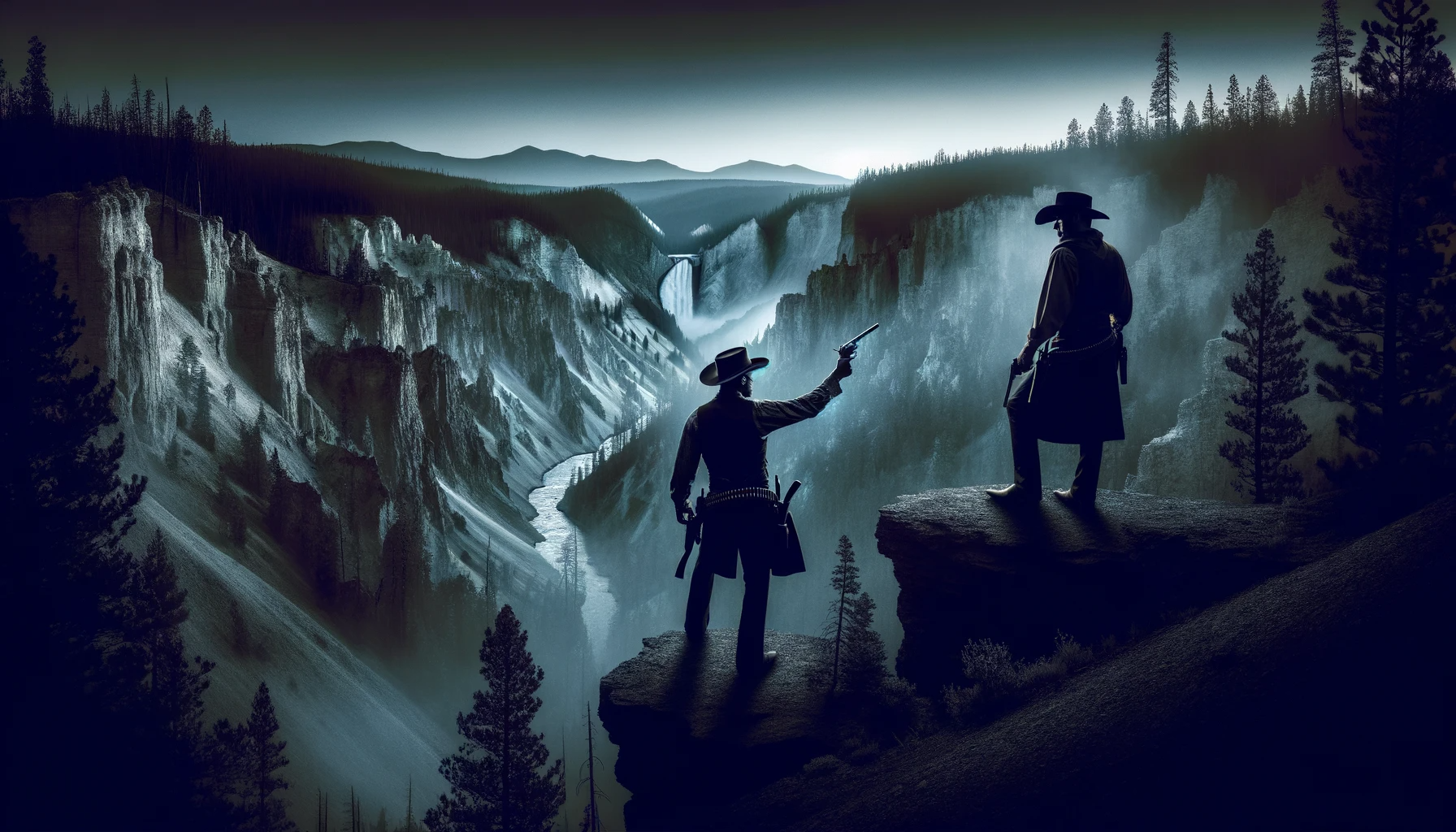 DALL·E 2023 11 17 17.35.12 In Yellowstone National Park, create a darker dusk scene with the sun nearly set in the west. Two cowboys in Western attire are on a cliff. One cowboy