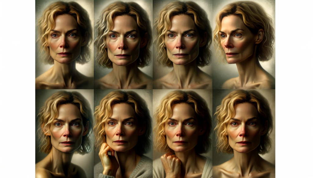 DALL·E 2023 11 18 07.06.38 A series of expressive portraits of a woman resembling a character similar to Beth Dutton from a dramatic series with blond hair. Each portrait captu 1