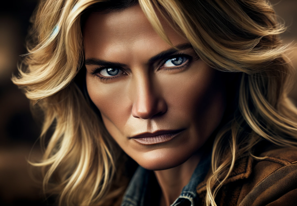 DALL·E 2023 11 18 07.10.01 A close up image of a woman resembling a character similar to Beth Dutton from Yellowstone with blond hair focusing on her intense gaze and fierce e