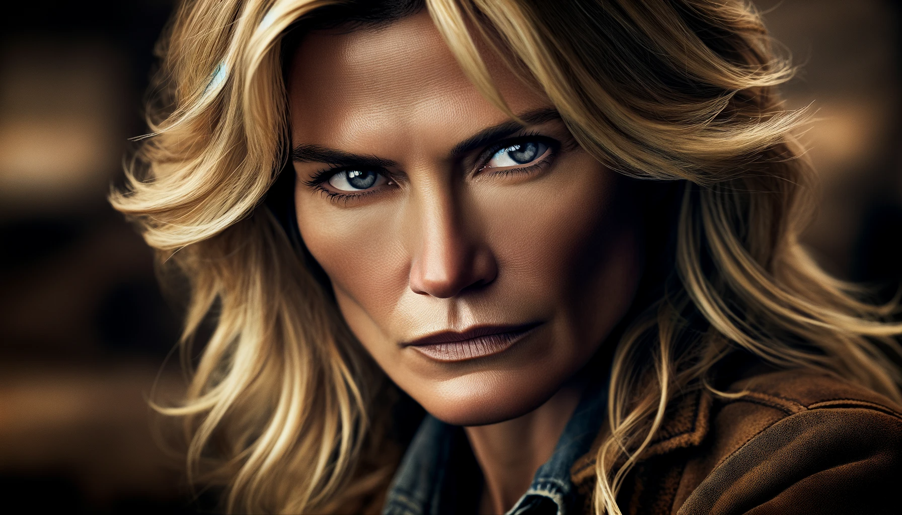 DALL·E 2023 11 18 07.10.01 A close up image of a woman resembling a character similar to Beth Dutton from Yellowstone with blond hair focusing on her intense gaze and fierce e