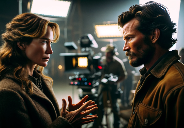 DALL·E 2023 11 18 07.12.04 An image of two individuals resembling characters from a dramatic series similar to those in Yellowstone. One resembles a woman like Kelly Reillys c