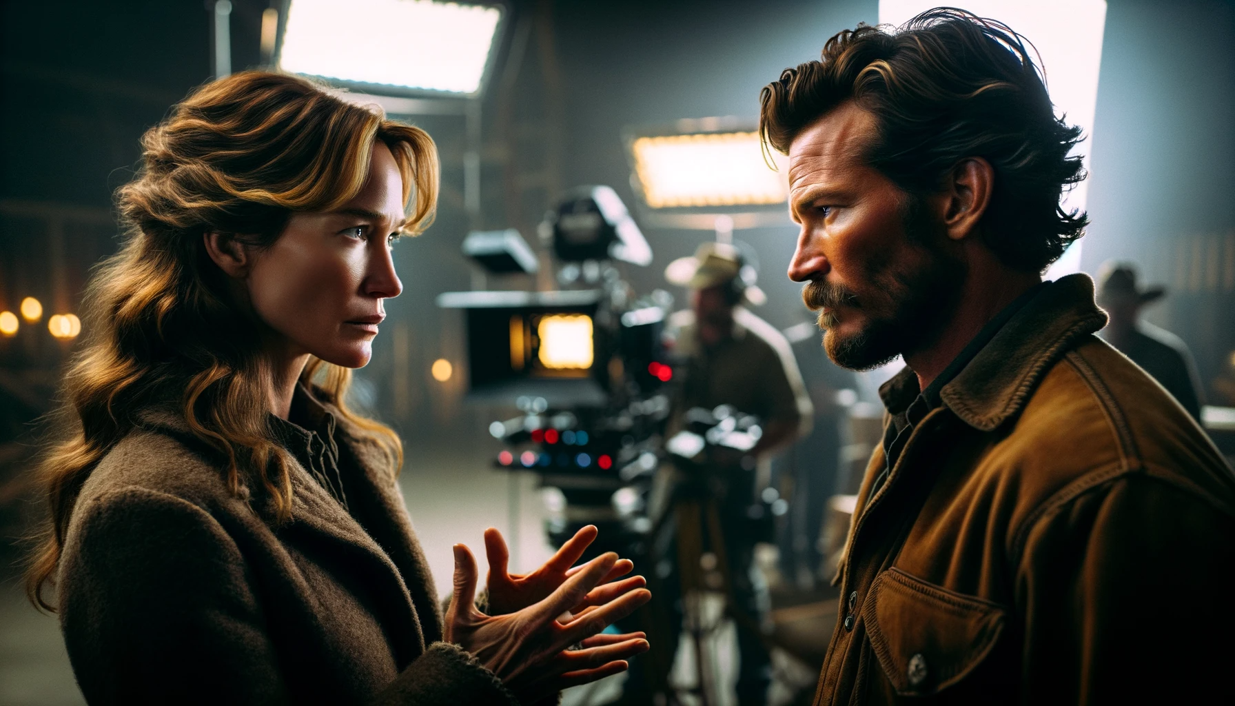 DALL·E 2023 11 18 07.12.04 An image of two individuals resembling characters from a dramatic series similar to those in Yellowstone. One resembles a woman like Kelly Reillys c