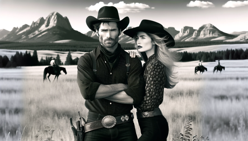 DALL·E 2023 11 20 10.34.30 A man resembling a rugged cowboy with short, dark hair and a short beard, sporting a stern expression, dressed in a black shirt, jeans, and a cowboy h