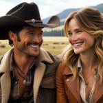 DALL·E 2023 11 20 10.43.40 A cowboy resembling Cole Hauser, with short, dark hair and a relaxed, smiling expression, dressed in a casual western outfit, is sharing a lighthearte