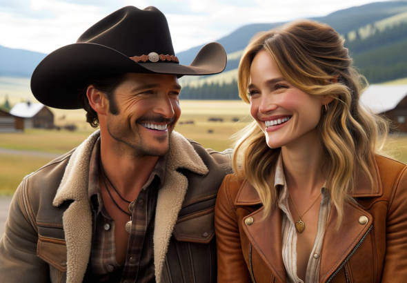 DALL·E 2023 11 20 10.43.40 A cowboy resembling Cole Hauser, with short, dark hair and a relaxed, smiling expression, dressed in a casual western outfit, is sharing a lighthearte