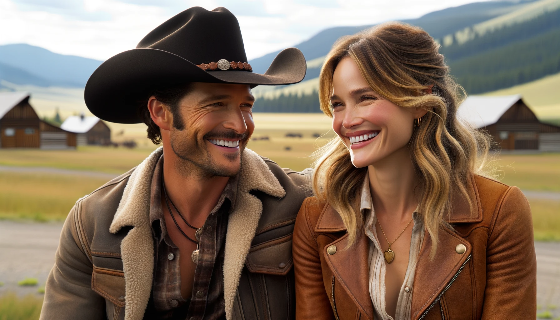 DALL·E 2023 11 20 10.43.40 A cowboy resembling Cole Hauser, with short, dark hair and a relaxed, smiling expression, dressed in a casual western outfit, is sharing a lighthearte